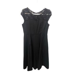 Black Fit Flare Dress Size L Lace Cap Sleeve Stretch Whimisigoth Party Evening